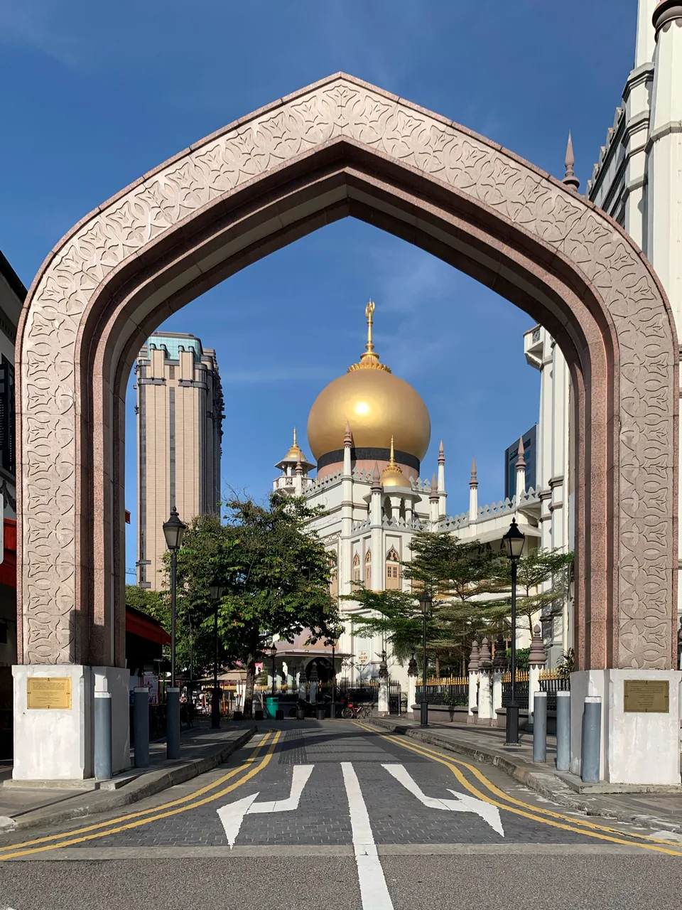 Sultan Mosque with its golden dome rising over Kampong Glam in Singapore